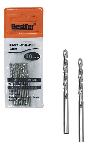 Kit 10 Brocas 2mm De Aço Rápido Para Ferro E Alumínio