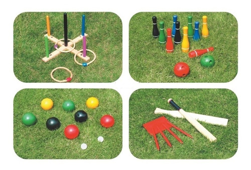 Set De 4 Juegos 1  Bolos-bocce-beisbol-anillos De Madera