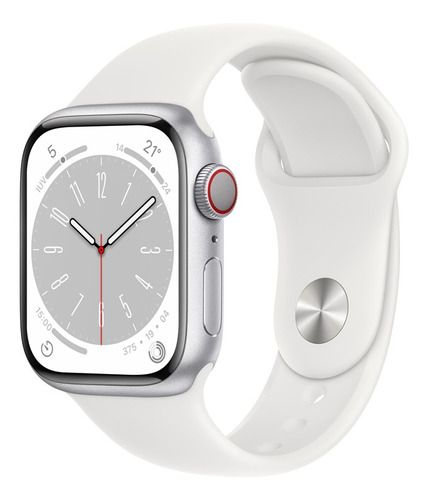 Imagen 1 de 9 de Apple Watch Series 8 GPS + Celular - Caja de acero inoxidable color plata 41 mm - Correa deportiva blanca - Patrón