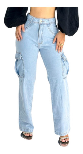 Calça Jeans Wideleg Cintura Alta Feminina Pantalona Cargo