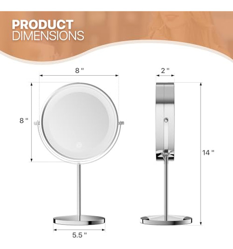 Espejo De Maquillaje Doble Cara 20 Cm Con Luz Y Aumento