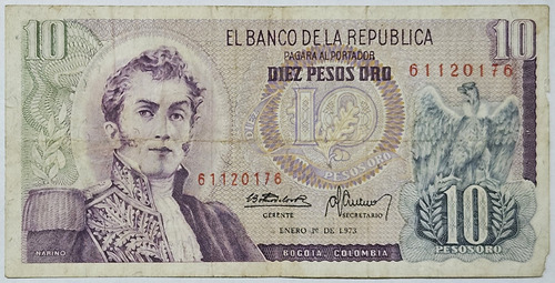 Billete 10 Pesos 01/ene/1973 Colombia Vf