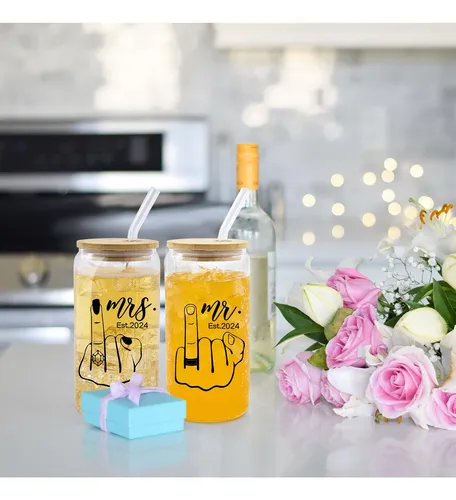 Est. 2024 Mr & Mrs Glass Cup Con Tapas Y Pajitas - Regalos D