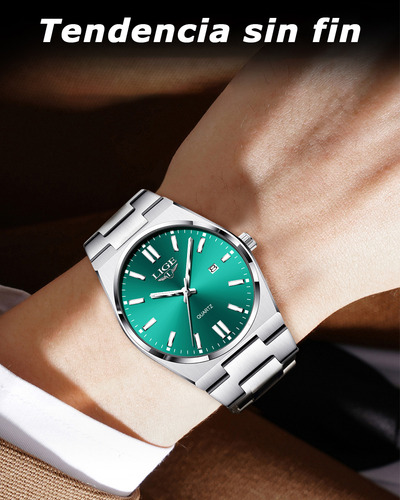 Reloj De Cuarzo Hombre Analógico Relojes Pulsera Moda Watch Correa Plateado Bisel Plateado Fondo Verde