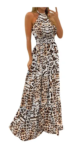 Vestido Maxi Estampado Digital Boho Con Cuello Halter