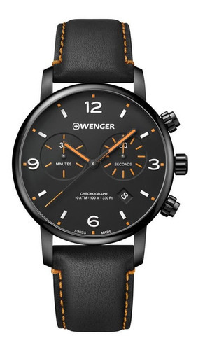 Reloj de pulsera suizo Wenger Urban Metropolitan Chrono de 44 mm, color de correa negro, color de bisel negro, color de fondo negro