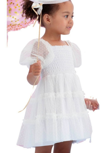 Imagem 1 de 5 de Vestido Infantil Branco Poás Mon Sucré Happy Time 21134