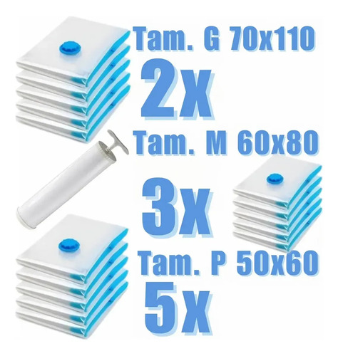 Magnow Pack Sacos A Vácuo Kit 10 Unidades Sendo 5un 50x60cm 3un 60x80cm E 2un 70x110cm Com Bomba Manual Reutilizável Viagem Mala Organização Roupa Casaco Edredom