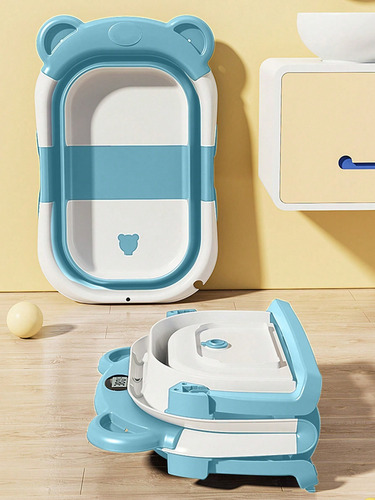 Bañera Tina Baño Bebe Plegable Portátil Con Cojín Termometro Celeste Lisa