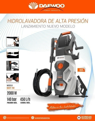 Imagen 6 de 10 de Hidrolavadora Daewoo Eco Dax21-150 Con 140bar De Presión Máx