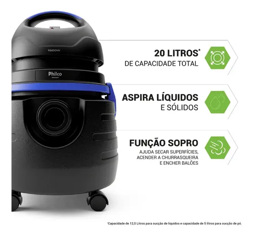 Aspirador De Água E Pó Philco 1500w 20l Pas80 Cor Preto - 127V