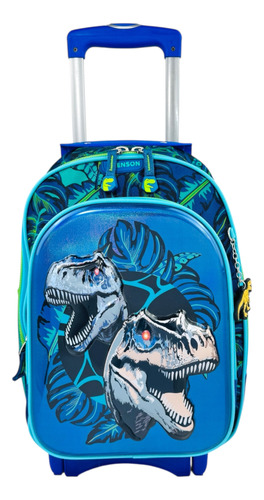 Mochila Rueditas Carrito Dinosaurios Jurassic T-rex Primaria Azul Dinosaurios