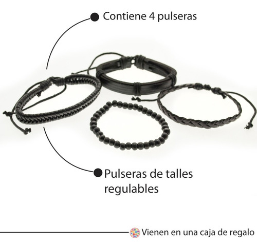 Imagen 3 de 7 de Pulsera Hombre Conjunto 4 En 1 Trenzas Bolitas Cuero Negro