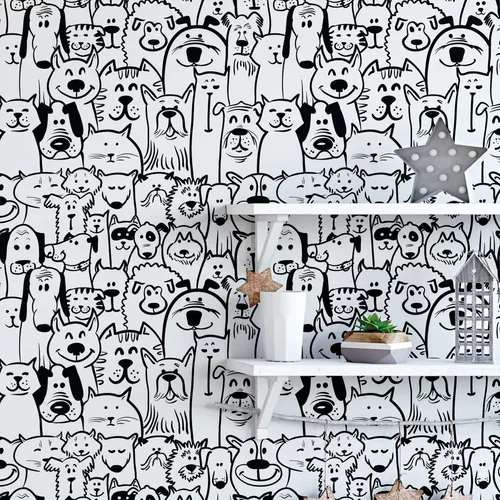 Papel de Parede Cachorros e Gatos Branco e Preto-1070