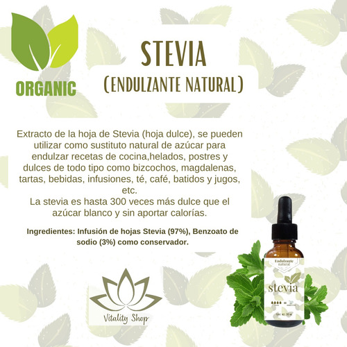 Extracto De Stevia Organica Liquida Natural No Amarga 30 Ml