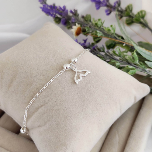 Pulseira De Prata 925 Com Pingente Cauda De Sereia Bolinhas Comprimento 19 Cm