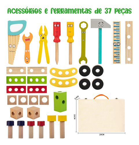 Brastoy Kit Caixa Maleta Madeira Infantil com Ferramentas Montessori