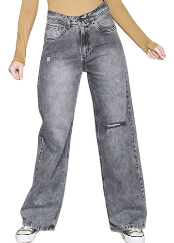 Jeans Wide Leg Cenitho Mujer Con Roturas Rígido Tiro Alto 