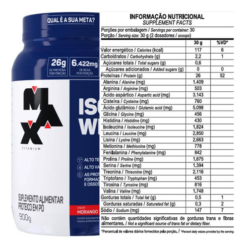 Whey Isolado Max 900g Proteína 100% Isolada Sabor Morango Sabor Whey Morango