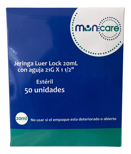 Jeringa Luer Lock 20ml C/aguja 21g X 1 1/2  Muncare 50 Uni