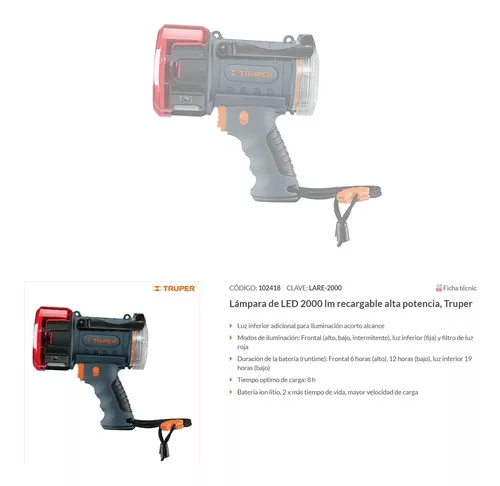 Lámpara de LED 2000 lm recargable alta potencia, Truper, Lámparas  Reflectoras, 102418