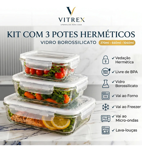 Kit 3 Pote De Vidro Marmita Hermético 370, 640ml, 1040ml Freezer Fitness Vitrex