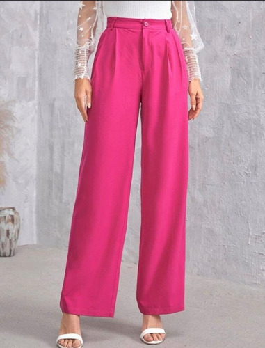 67.pantalon Recto Unicolor Con Boton Fucsia