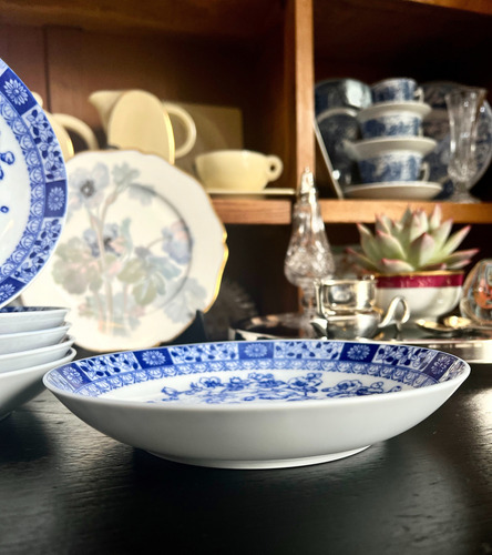 Juego 6 Platos Hondos Porcelana Tsuji Modelo Old Blue C1980 Blanco Y Azul Old Blue (Usado)