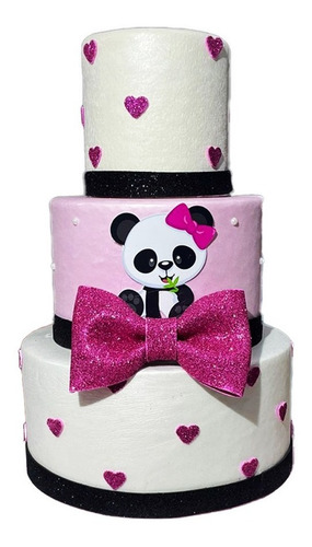 Bolo Fake Maquete Panda / Pandinha Rosa 3 Andares