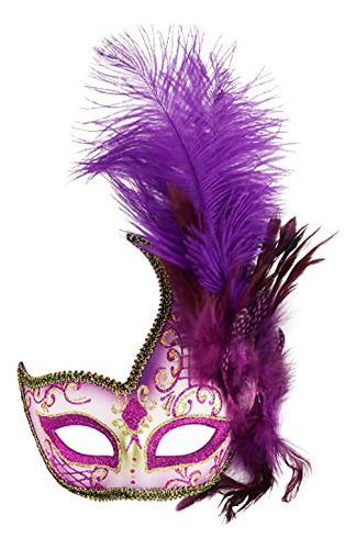 Máscara De Disfraz Veneciana Con Plumas Esponjosas Y Encaje