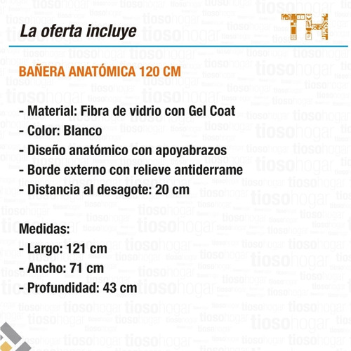 Imagen 4 de 10 de Bañera Fibra 120x70 1.20 Bañadera Reforzada Anatomica Tina