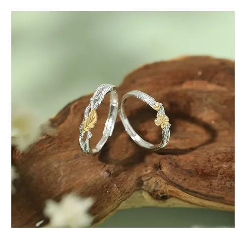 Anillos Plata S925 Ajustables Pareja Roble Y Algodoncillo