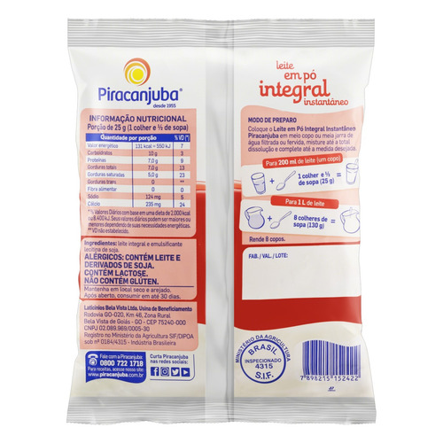 Imagem 4 de 4 de Leite Pó Instantâneo Integral Piracanjuba Pacote 200g