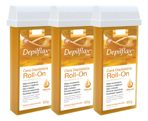 3 Refil Cera Depilação Roll-on Mel Natural 100g Depilflax