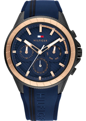 Relógio Tommy Hilfiger 1791860 Masculino de silicone 100% original Cor da pulseira: azul, moldura, cor de fundo dourada, cor de fundo azul