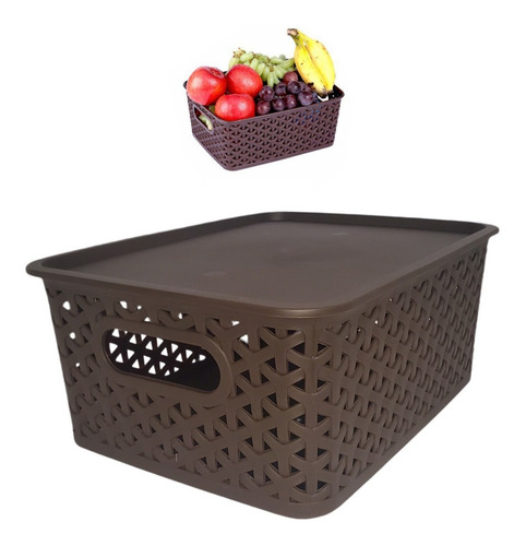 Caja Organizadora Plástica C/tapa Canasto Marrón Apilable M