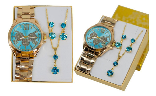 Relógio Feminino Dourado + Kit Colar E Brinco Foliado + Caix