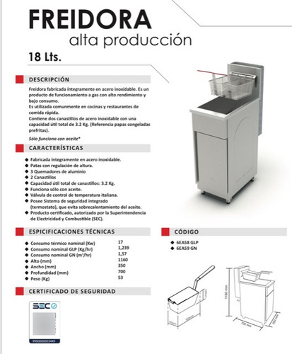 Freidora Gas Alta Produccion 2 Canastos 18 Lts. Bozzo