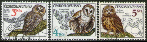 Checoslovaquia Serie X3 Sellos Usados Fauna = Búhos Año 1986