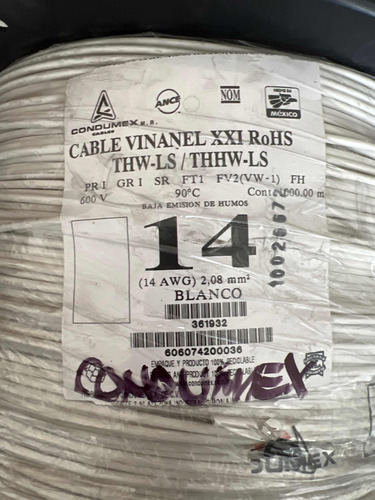 Carrete 1000 Mts Cable Thw Cal 14 Awg Condumex Vinanel