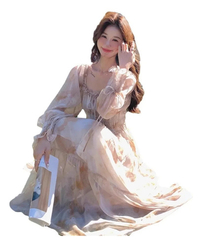 2025 Vestido Floral De Chiffon Com Decote Quadrado Francês