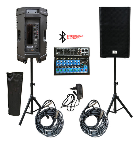 Set Amplificacion Mixer 8ch + 2 Cajas Activa + Bluetooth