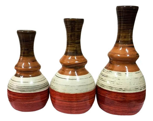 Trio Vasos Gregos Cerâmica Aparador Sala Decor - Laranja