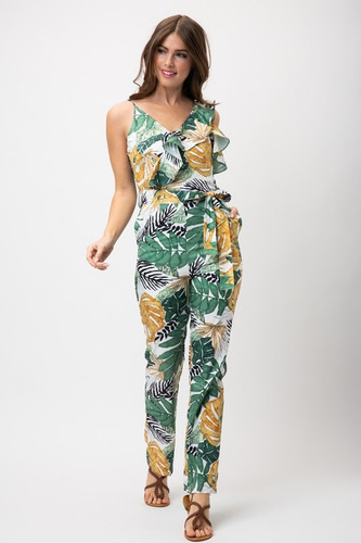 Jumpsuit Overol Enterito Hojas Cafe Y Verde Fondo Blanco