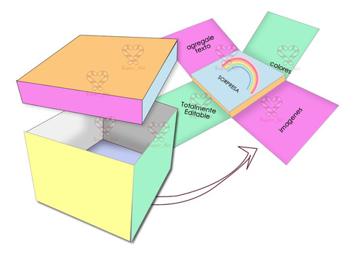 Kit Imprimible Molde Caja Explosiva Cubo Cuadrada Editable 