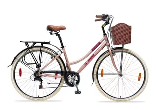 Bicicleta urbana femenina S-Pro Strada Lady DLX R28 7v cambios Shimano Tourney TZ50 color rosa/morado con pie de apoyo