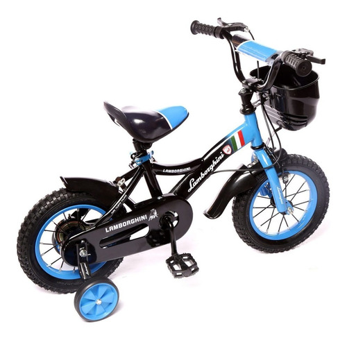 Bicicleta infantil Dencar Lamborghini 7100 R12 color negro/azul con ruedas de entrenamiento  