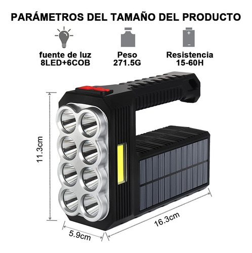 Lampara Táctica 15000 Lm 8led+cob Recargable Solar Usb