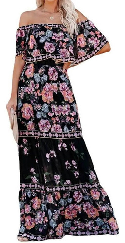 Maxi Vestido Con Estampado Floral Sin Hombros