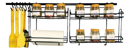 comprar Set Cocina Estante Especiero Porta Rollo Ganchos Negro 90 Cm